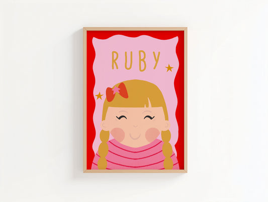 Personalised Girl Portrait Red and Pink Background